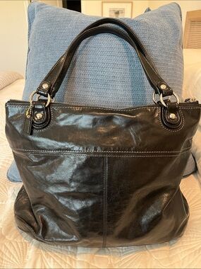 Coach Classic Black Camelia Distressed Leather Handbag